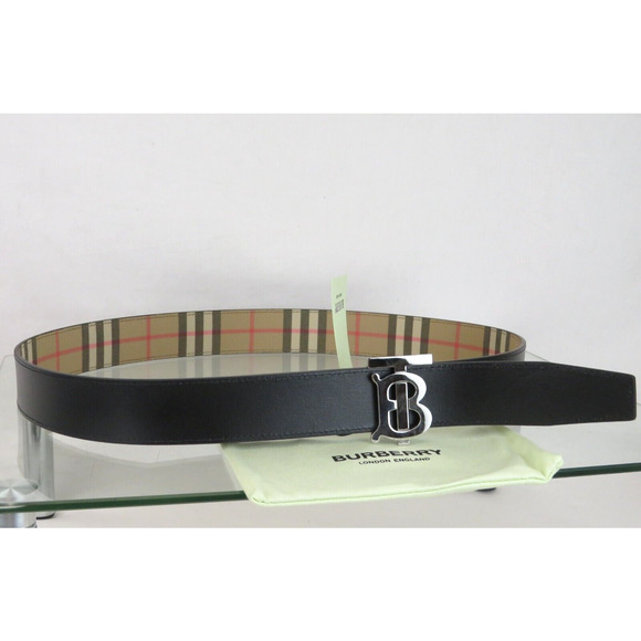 $580 BURBERRY TB 35 BEIGE CHECK BLACK LEATHER REVERSIBLE LOGO BUCKLE BELT 95 38 - Picture 6 of 13